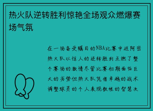 热火队逆转胜利惊艳全场观众燃爆赛场气氛