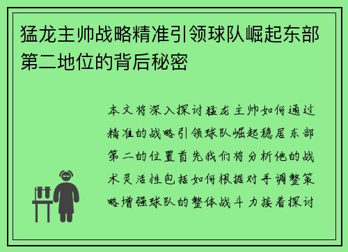 猛龙主帅战略精准引领球队崛起东部第二地位的背后秘密