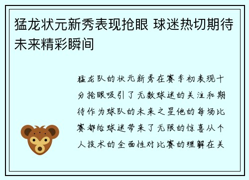 猛龙状元新秀表现抢眼 球迷热切期待未来精彩瞬间