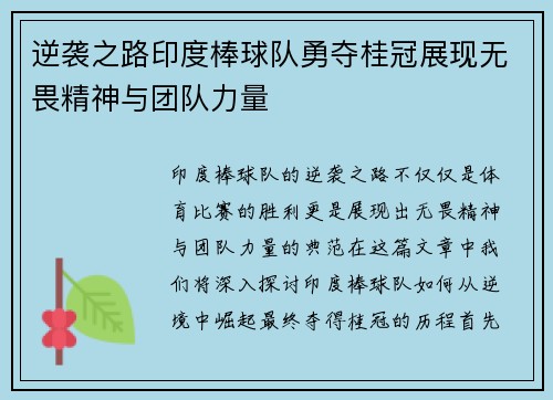 逆袭之路印度棒球队勇夺桂冠展现无畏精神与团队力量