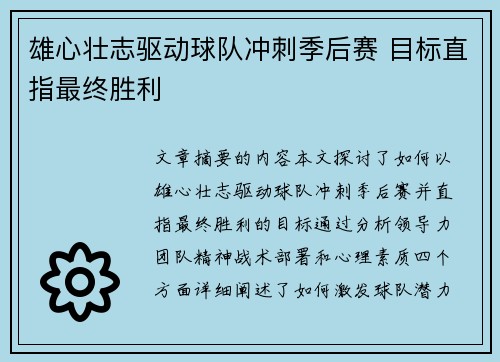 雄心壮志驱动球队冲刺季后赛 目标直指最终胜利