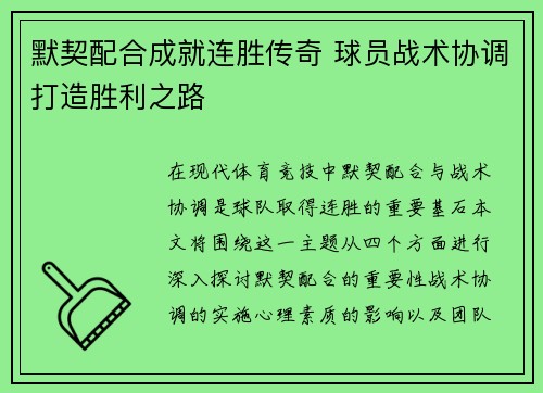 默契配合成就连胜传奇 球员战术协调打造胜利之路